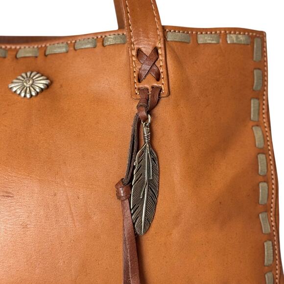 American West Genuine Leather Tote Shoulder Bag Womens Brown Feather Charms Boho - Picture 8 of 15